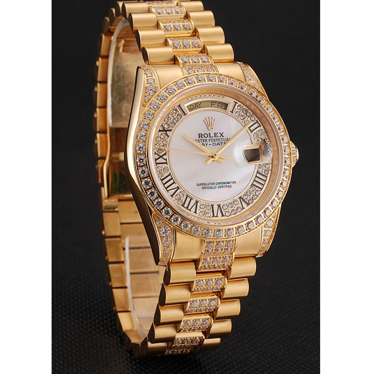 Rolex aaa copy Swiss White Bracelet Diamond Gold Diamond Day-Date 1453958 Rolex Pave Dial 0528